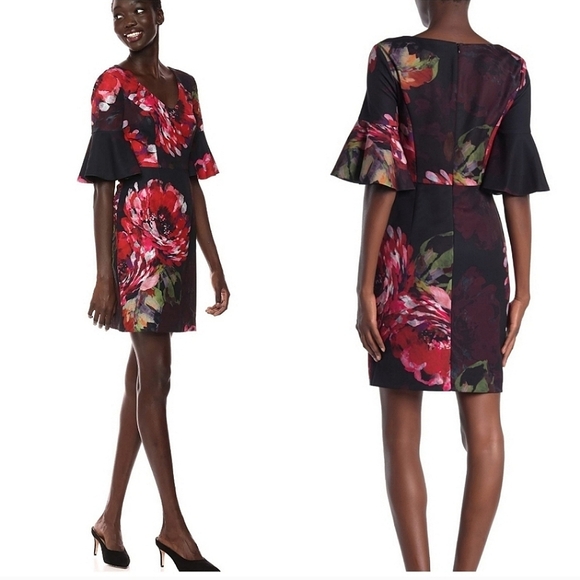 Trina Turk Dark Floral Float dress size 10 bell sleeve red black witchy goth - Picture 1 of 10